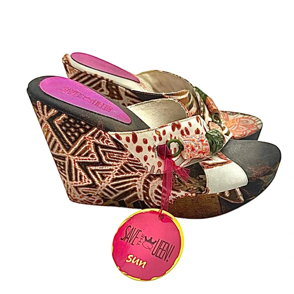 Vintage Save The Queen Strappy Wedge Sandals Multicolor EU 38 US 7.5 Italy